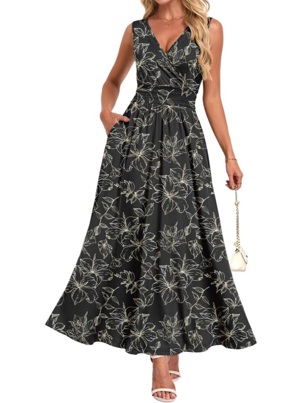 Women's Black Gold Summer Casual Dress V Neck Sleeveless Floral Boho Maxi Dress
